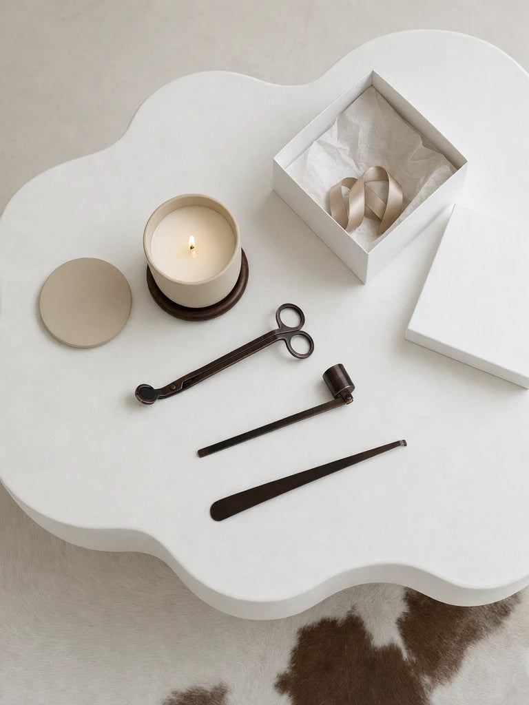 Seen from above on a white cloud-shaped table: the lit Ìtùrá candle in its walnut coaster with its lid beside it, the bronze Ọ̀nà wick trimmer, snuffer and aligner, and an open white gift box with tissue and a sand ribbon, a cowhide rug below
