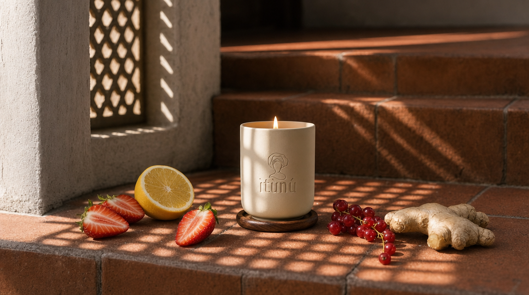 The lit Ìtọ́jú candle on a walnut coaster on a terracotta-tiled step, a perforated screen throwing a bright grid of morning light across the tiles. Halved strawberries, a cut lemon, a bunch of red currants and a knob of fresh ginger root lie beside it.