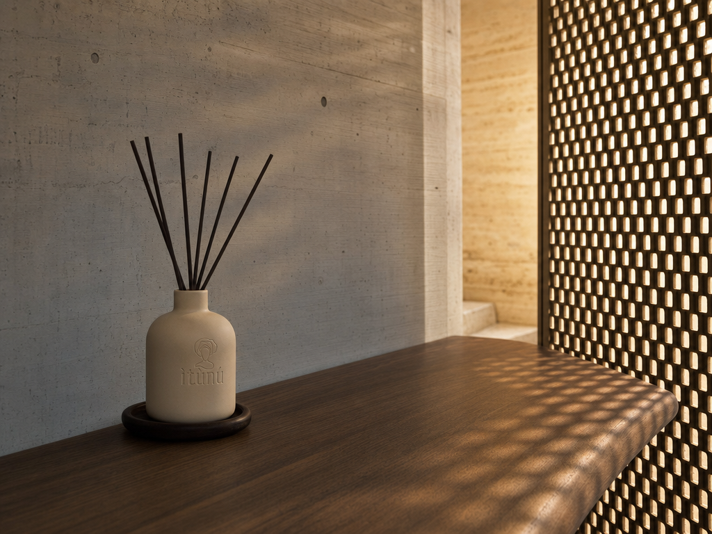 The diffuser on the end of a long dark walnut console against board-marked concrete, with a perforated screen wall to the right throwing a grid of warm light across the wood.