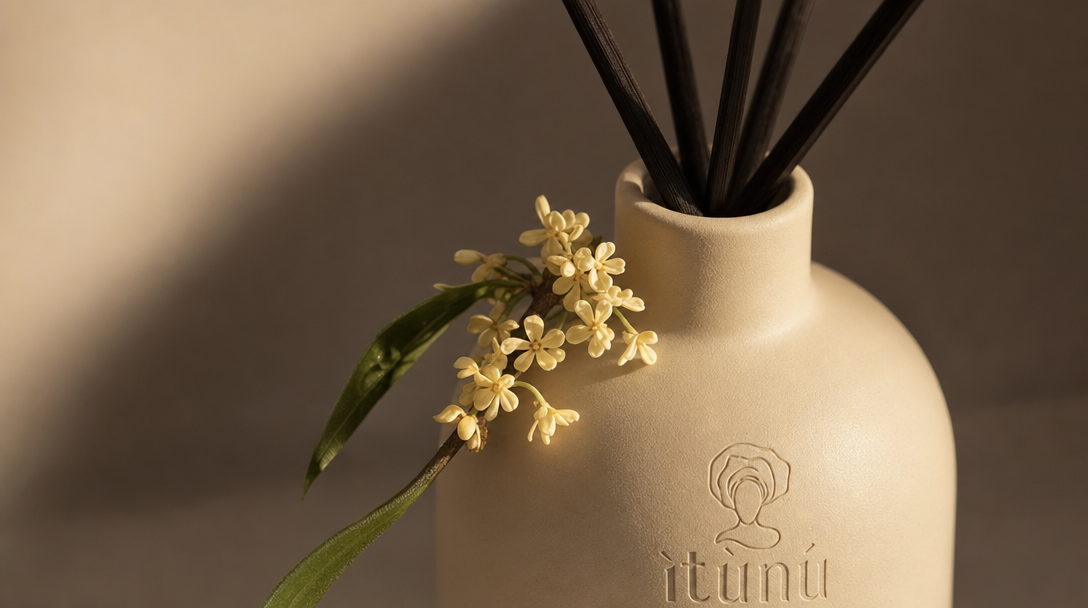 Close view of the diffuser's neck where the black reeds enter the cream ceramic, with a sprig of small cream osmanthus flowers and a green leaf resting against the bottle.