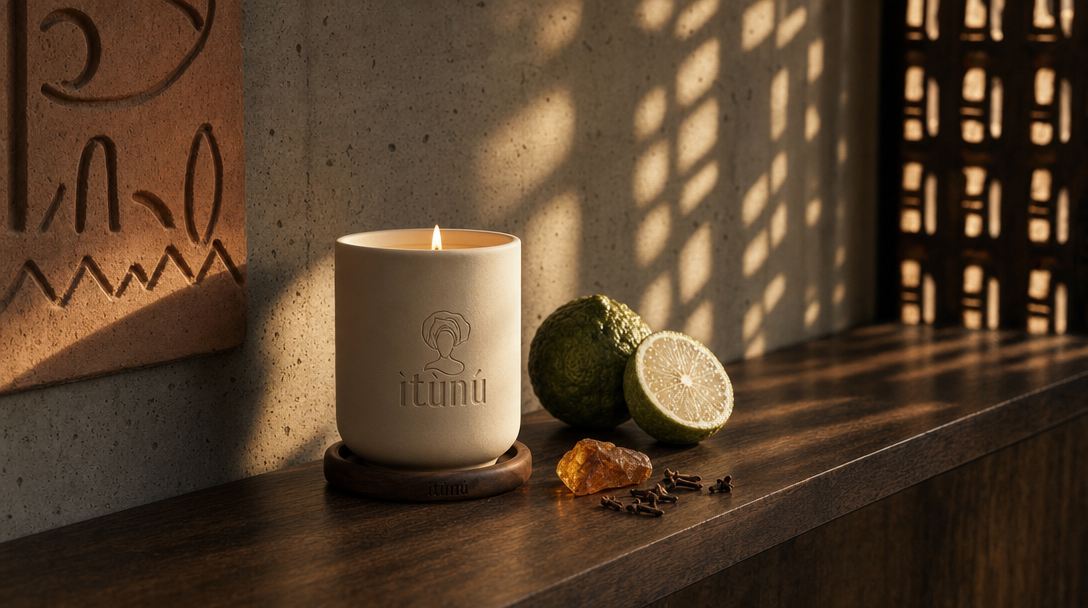 The lit Ìtùrá candle on a walnut coaster at the end of a dark walnut console, against board-marked concrete with a terracotta relief panel. A perforated screen throws a lattice of low gold light across the wood. A whole bergamot, a halved bergamot, a piece of raw amber resin and a scatter of cloves sit beside it.