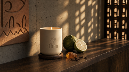 The lit Ìtùrá candle on a walnut coaster at the end of a dark walnut console, against board-marked concrete with a terracotta relief panel. A perforated screen throws a lattice of low gold light across the wood. A whole bergamot, a halved bergamot, a piece of raw amber resin and a scatter of cloves sit beside it.