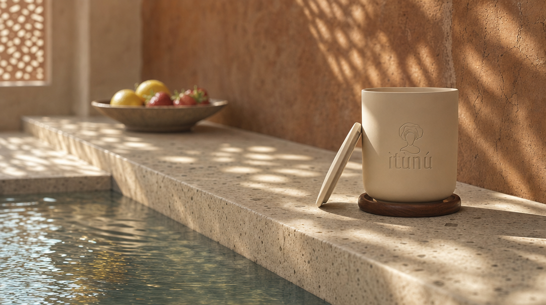 The candle with its lid leaning against the base, on a terrazzo ledge beside a still reflecting pool, ochre laterite behind and a shallow bowl of lemons and strawberries further along.
