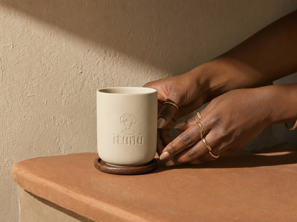 Two hands with gold rings setting the cream ceramic candle down onto its walnut coaster on a smooth terracotta ledge in warm morning light.