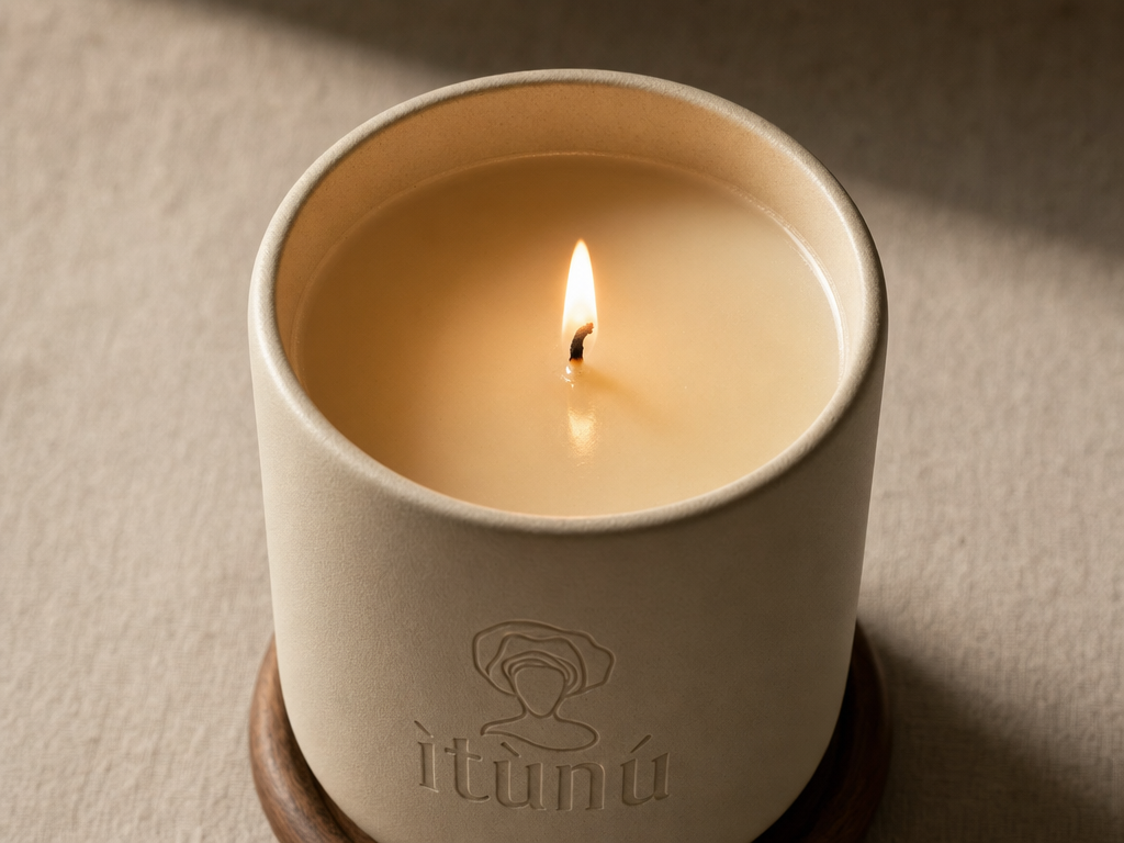 Looking down into the lit candle: a single wick and a shallow, even melt pool reaching the edge of the cream ceramic, the debossed ìtùnú mark below and the walnut coaster beneath.