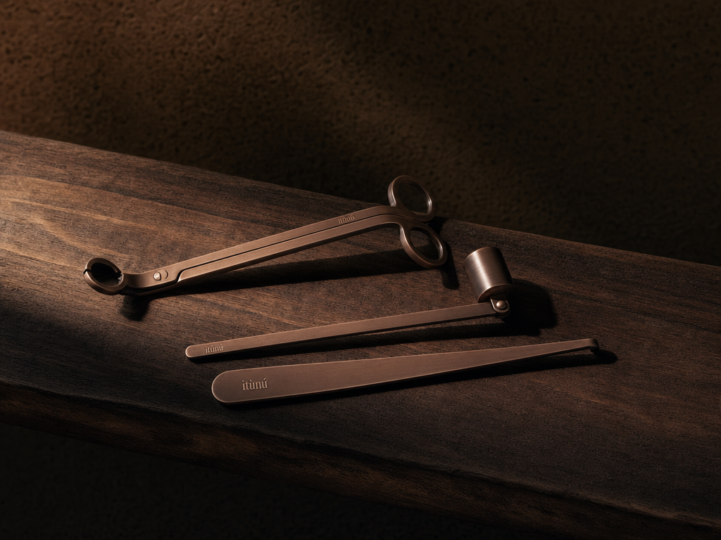 The bronze Ọ̀nà trimmer, snuffer and aligner arranged on the edge of a walnut bench, lit hard from one side so every edge catches, deep shadow behind.