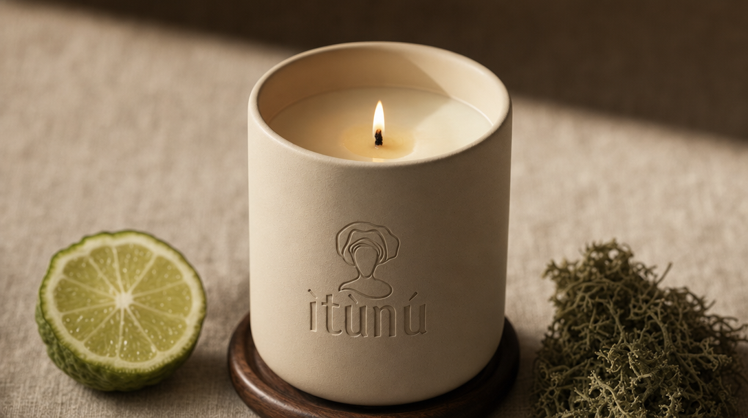 Close view of the lit Ìtùrá candle on its walnut coaster, a halved bergamot on the left and a knot of pale oak moss on the right, on natural linen.