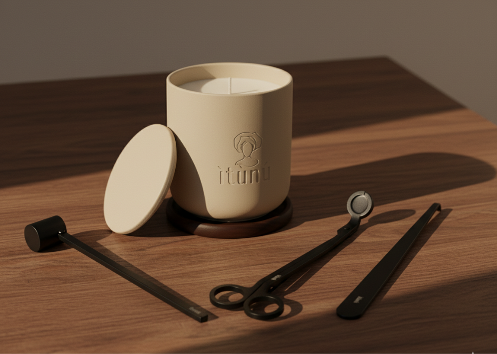 Candle with lid and accessories on a wooden surface, featuring the Matte black wick trimmer and candle snuffer on white surface, luxury candle accessories.