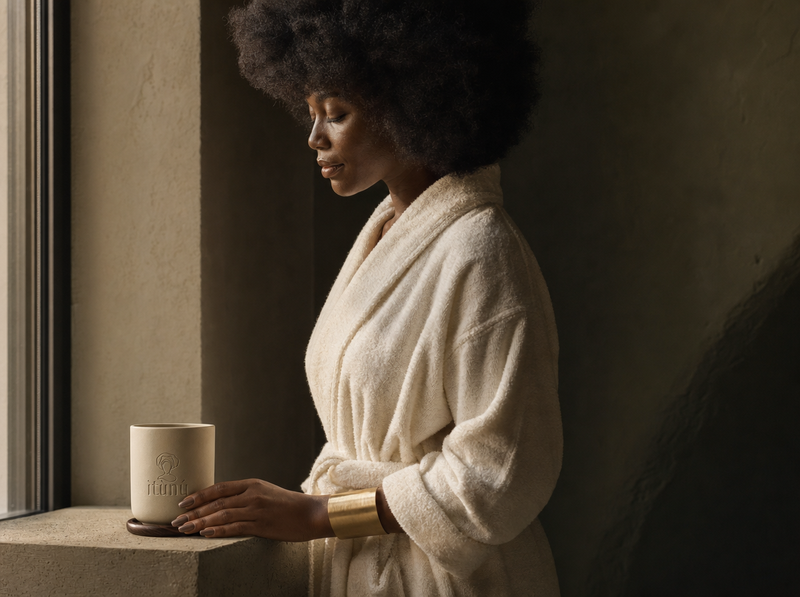 A woman with an afro hairstyle wearing a cream-colored plush bathrobe stands by a window calmly, holding a beige ceramic candle with the itunu logo engraved on it.