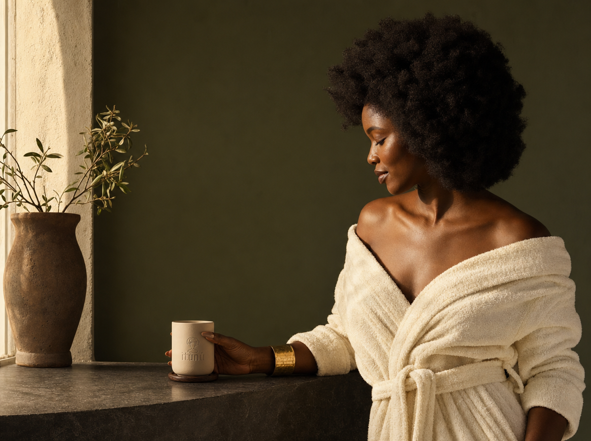 A woman with an afro hairstyle wearing a cream-colored terry cloth bathrobe, leaning on a dark stone ledge and holding a white ceramic mug. She is set against a dark olive green wall with a rustic brown clay vase containing green leaves on the left.