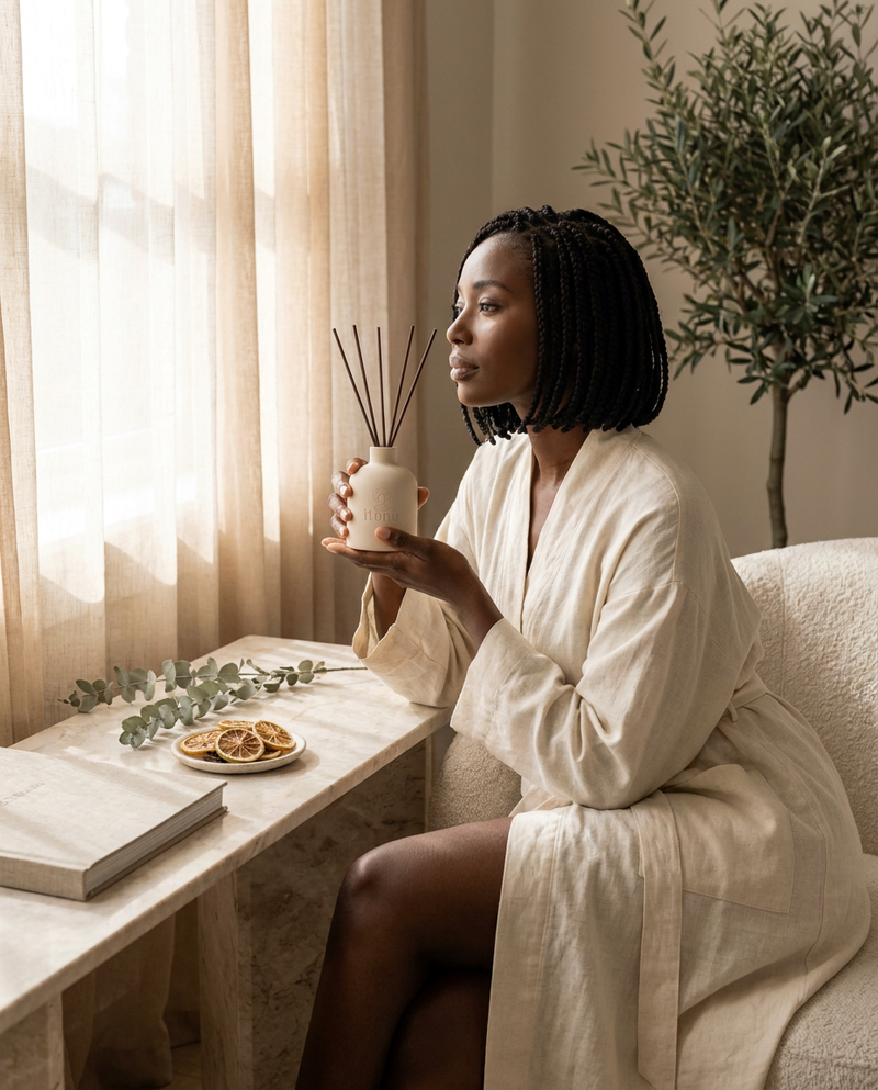 A woman in a cream linen robe sits on a textured chair beside a window, holding a white reed diffuser with dark reeds. A marble side table with a book and dried orange slices sits nearby, with soft sunlight filtering through sheer curtains and a potted olive tree in the background.