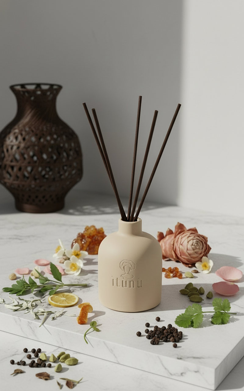 Beige diffuser bottle with reed sticks.