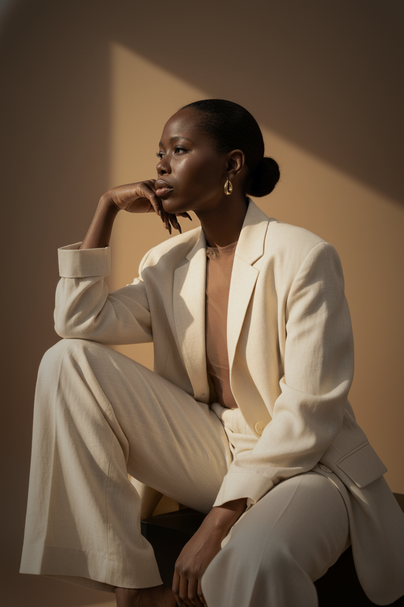 African woman in a white suit sitting.