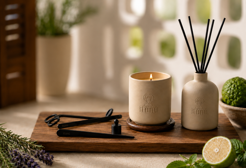 A lit beige itunu ceramic candle and matching reed diffuser set on a wooden tray, styled with black reeds, tongs, a lime half, mint leaves, and lavender sprigs in a softly blurred indoor setting.