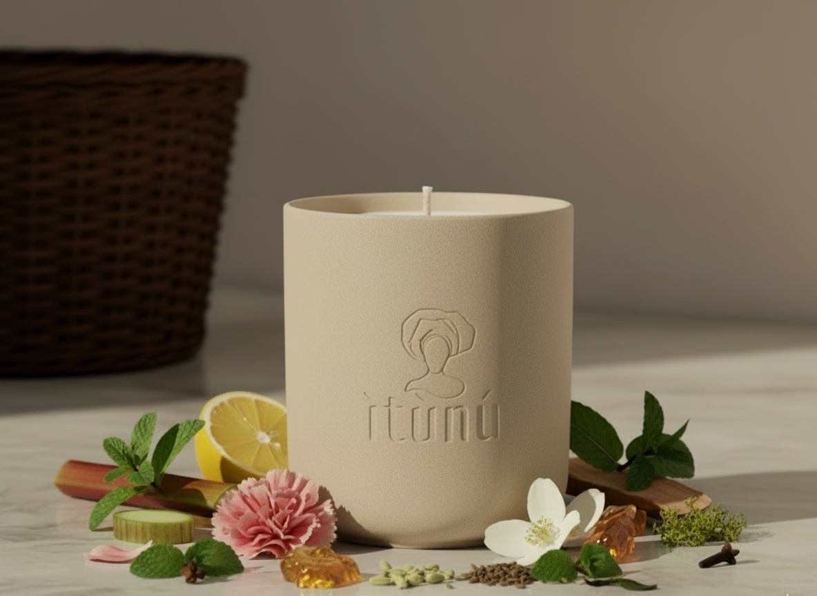 Beige candle with a brand logo on a wooden surface with Bergamot, Amber, flowers and White tea leaves.
