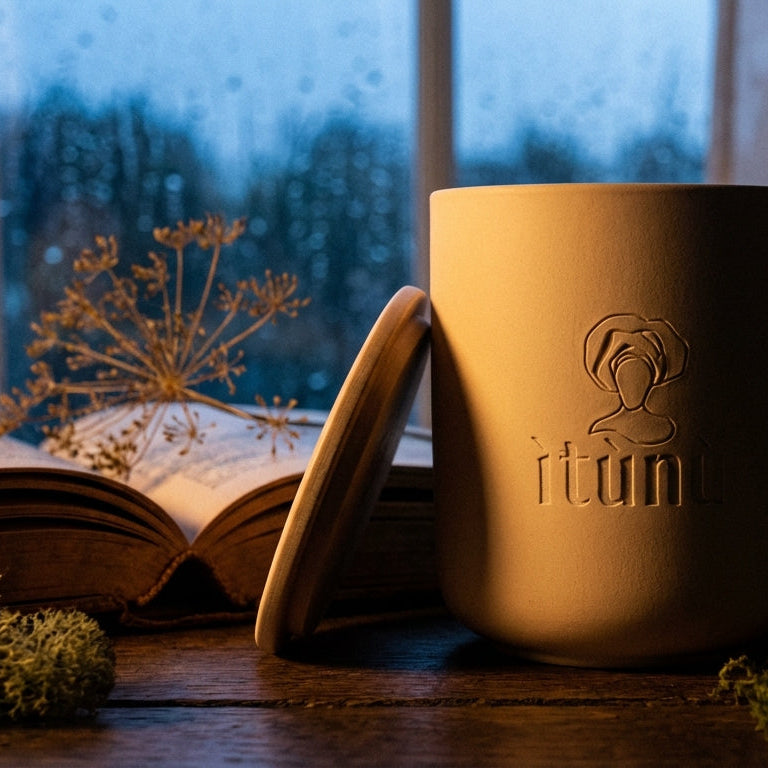 Matte cream ceramic candle with ìtùnú branding on a wooden surface near an open book and plants, with a window in the background.