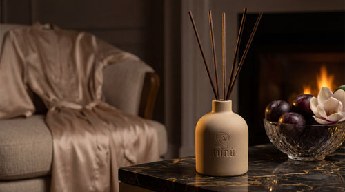 Cream Ceramic diffuser with reeds on a table in front of a fireplace