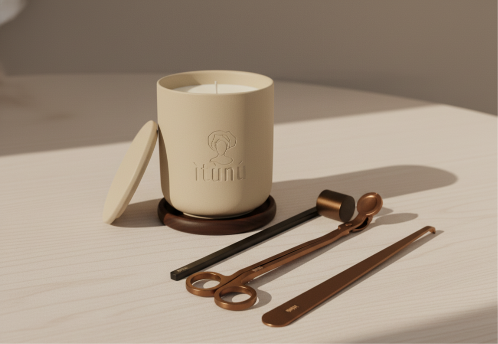 Ceramic candle with a lid and bronze-colored coaster, including wick trimmer, wick aligner, and candle snuffer on white surface, luxury candle accessories.