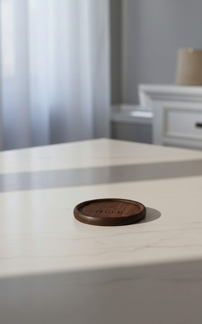 Wooden coaster on a white surface with a blurred background