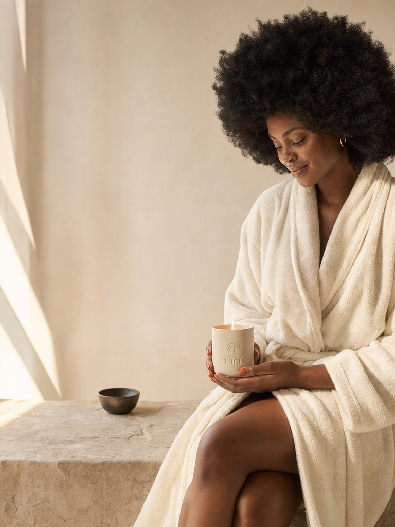 A woman with an afro sits on a stone ledge wearing a cream-colored terry cloth bathrobe and holding a matte ceramic cream itunu candle. A small dark bowl is placed on the stone surface beside her.
