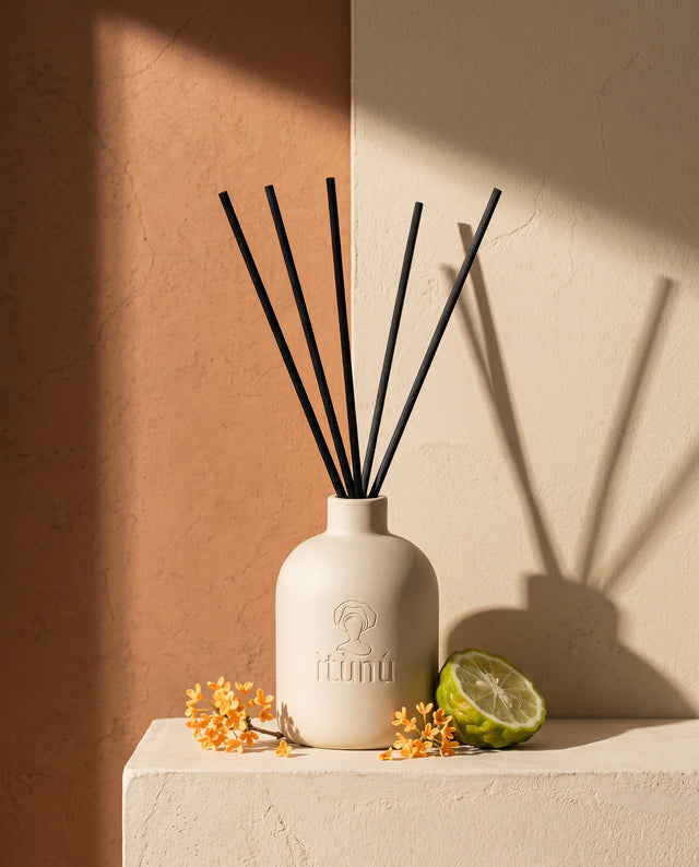 The Ìtùrá reed diffuser on a wheat plaster plinth against a terracotta and wheat wall, with osmanthus flowers and half a bergamot
