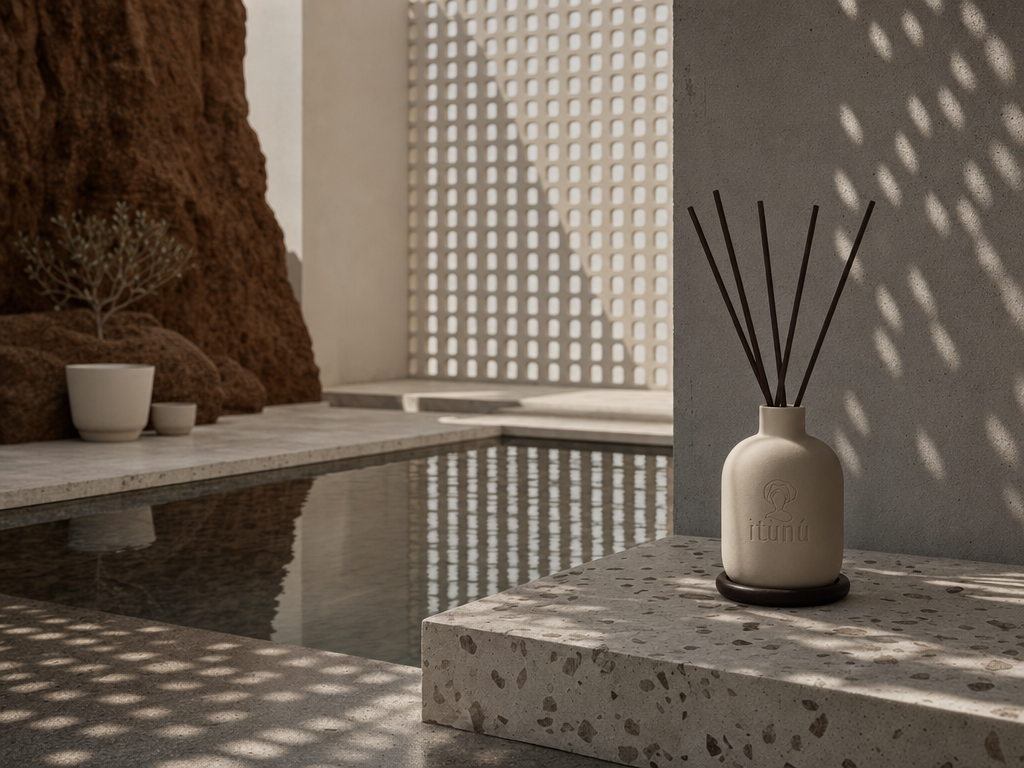The diffuser on a terrazzo block at the edge of a still pool, a perforated screen wall behind and a small olive tree in a pale pot across the water.