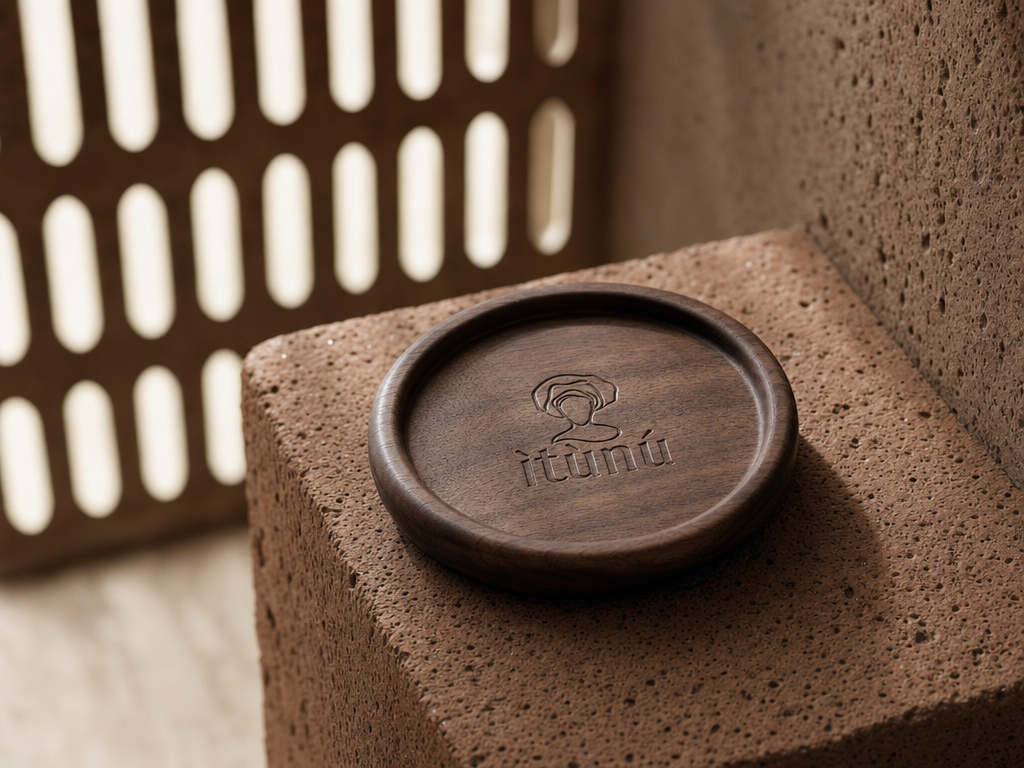 The solid walnut Ọ̀nà coaster resting on the corner of an ochre laterite block, its raised lip and debossed ìtùnú mark catching raking light, a perforated screen wall soft behind.