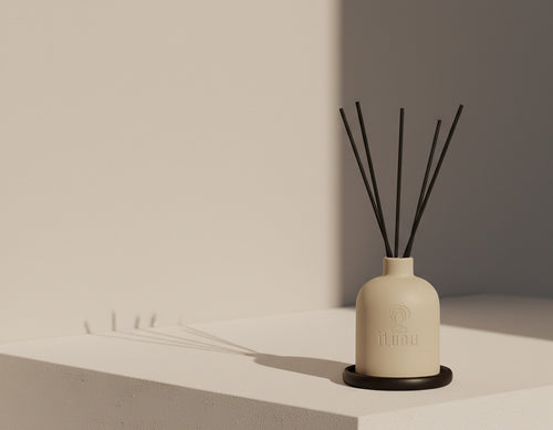 An Ìtùnú reed diffuser with black reeds on a walnut coaster on a pale plinth, the reeds casting thin shadows on the wall.
