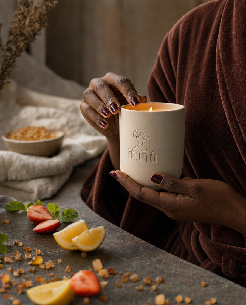 A woman in a deep brown robe holds the lit Ìtọ́jú candle in both hands, with halved strawberries, lemon wedges and scattered sugar on the stone surface in front of her.