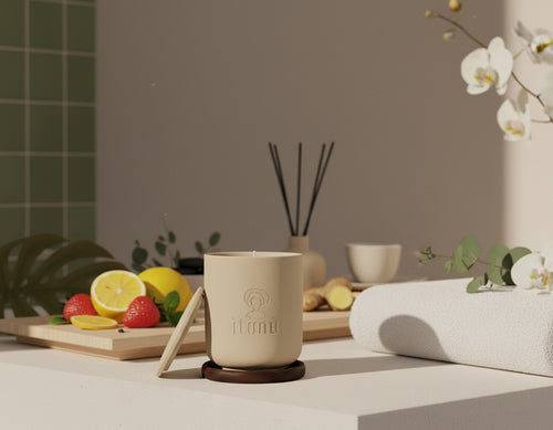 The Ìtọ́jú candle on a walnut coaster on a pale counter, with lemons, strawberries and ginger on a wooden board, a rolled white towel and white orchids behind it.