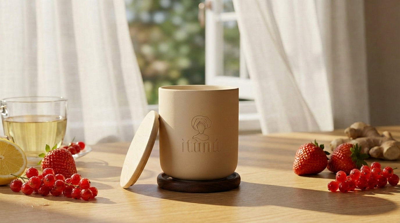 Ìtọ́jú Lemon + Strawberry candle in a cream ceramic vessel with its wooden lid, styled with fresh strawberries, red currants, lemon, and ginger.