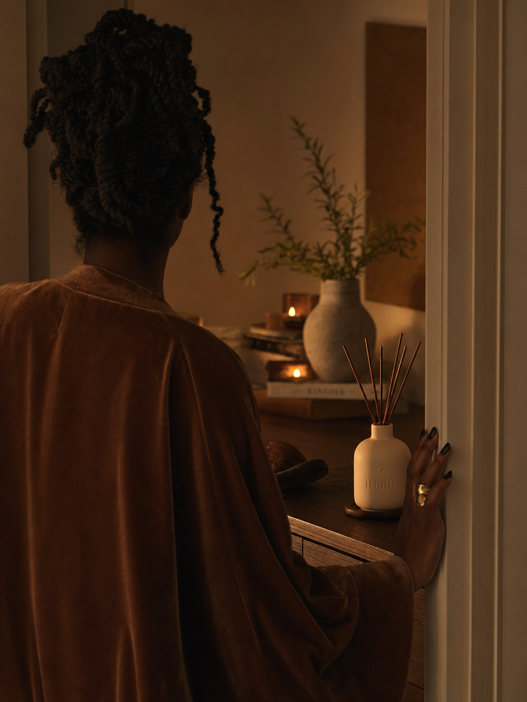A West African woman with deep dark brown skin and locs, wearing a rust velvet robe, standing beside a Home by Itunu reed diffuser and warm candlelight in a softly lit room.
